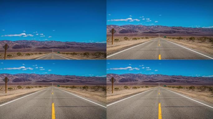 沙漠中的道路蓝天白云笔直公路荒无人烟