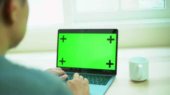 男人看着绿色屏幕的笔记本电脑
