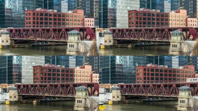 美国伊利诺伊州芝加哥密歇根大道现代建筑间交通的芝加哥街桥和芝加哥河的4k时间流逝，商业和现代交通概念