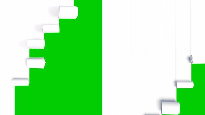 白色纸带卷下来，关闭屏幕。白色条纹覆盖屏幕的3d动画。阿尔法面具绿色屏幕。