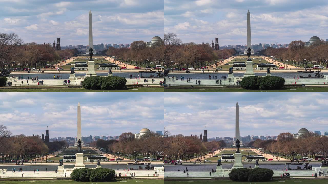 国家广场上的华盛顿纪念碑的4k时间流逝，带有反射池和林肯纪念堂的景色，来自美国华盛顿特区的美国国会大