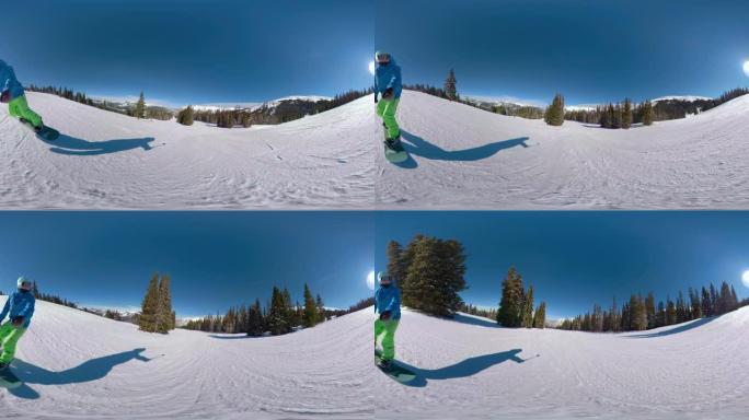360 VR: 凉爽的滑雪板老兄在阳光明媚的冬日里把整齐的斜坡撕碎。