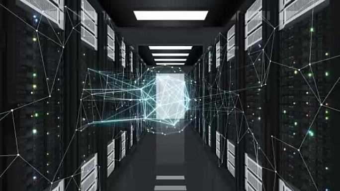 全息球体在工作网络中移动，创建新的链接和连接。服务器机架的循环3d动画。商业和未来技术概念。