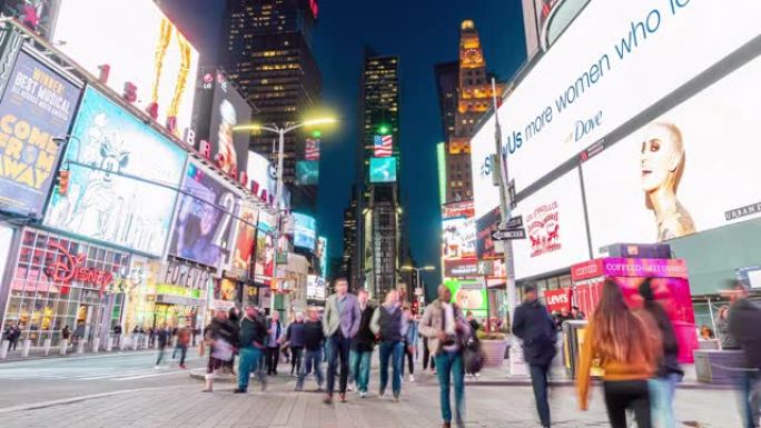 4k时间流逝人群匿名游客在黄昏时间步行和参观时代广场地区，纽约，美国，美国，具有商业概念的旅行和地标