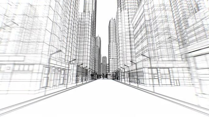 抽象城市中的数字空街道通过白色的无缝数字3d蓝图移动。商业和技术概念。循环3d动画。