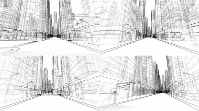 抽象城市中的数字空街道通过白色的无缝数字3d蓝图移动。商业和技术概念。循环3d动画。