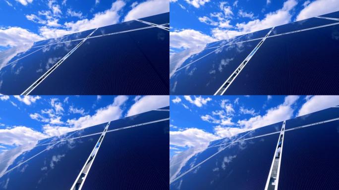太阳能电池板的镜面表面正在反射干净的蓝天