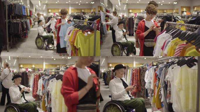 自信的女人在服装店的轮椅上购物