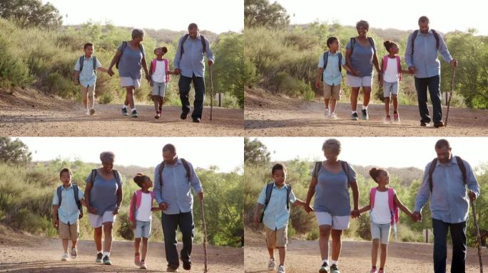 祖父母和孙子孙女一起穿着背包在乡下徒步旅行