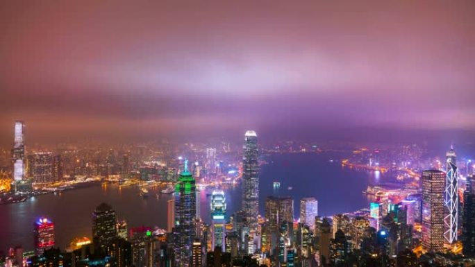 (向下倾斜) 香港摩天大楼和城市景观在夜间的延时。