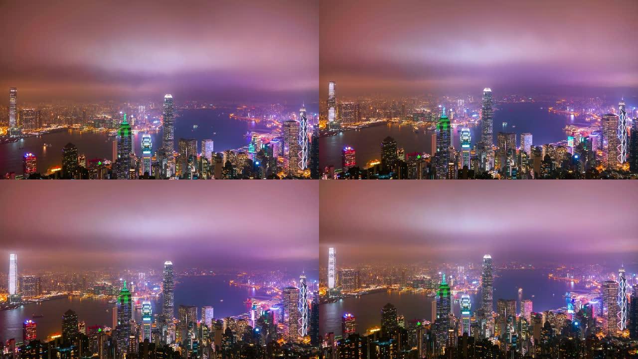 (向下倾斜) 香港摩天大楼和城市景观在夜间的延时。