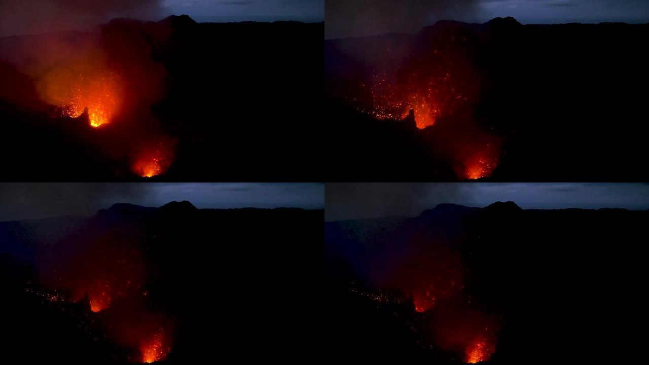炽热的橙色岩浆正在从活跃的火山口爆炸，并高高地向空中爆炸。