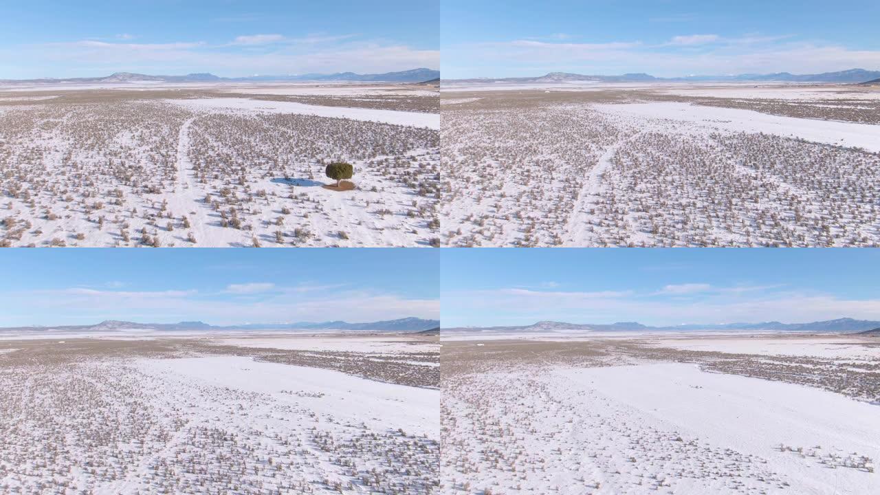 空中: 飞越犹他州的白雪皑皑的平原，向远处的高速公路飞去。