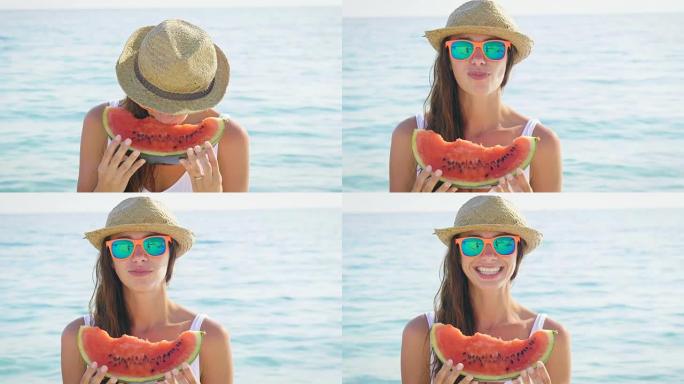 年轻漂亮的女孩在热带地方的海滩上吃热带水果很开心。
