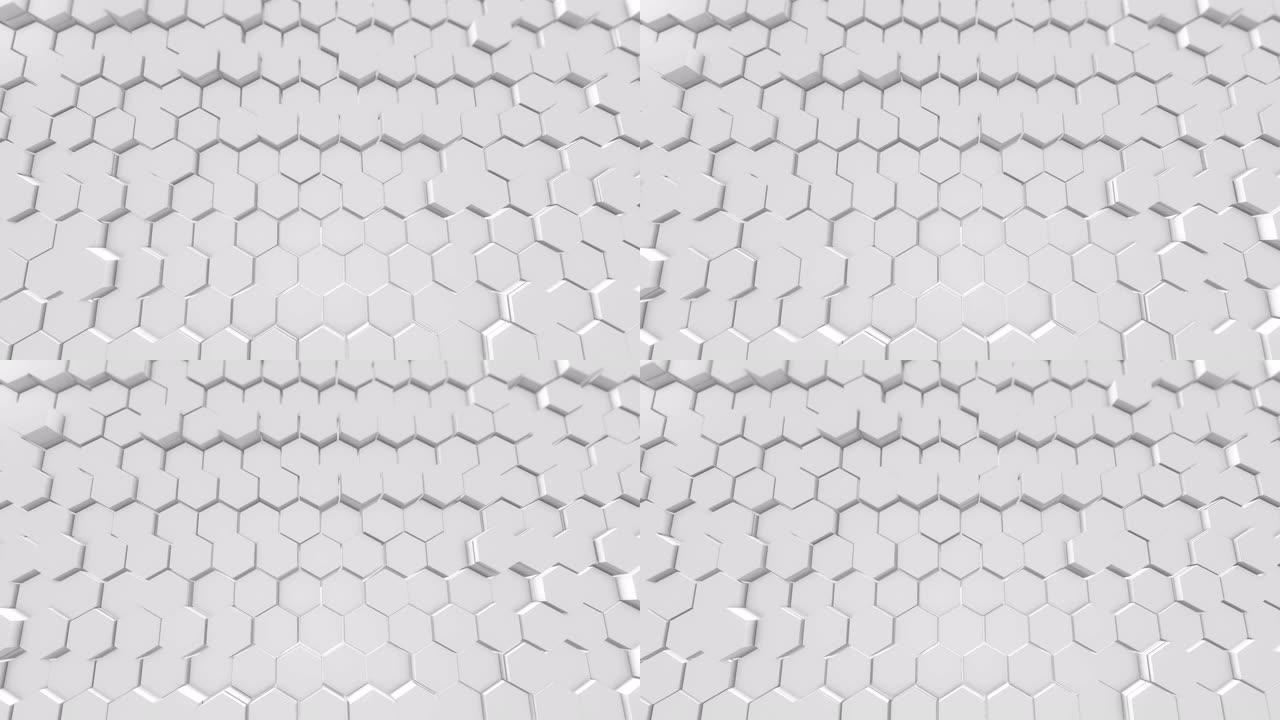 表面美丽的白色六边形在无缝3d动画中变形。抽象运动4k可循环
