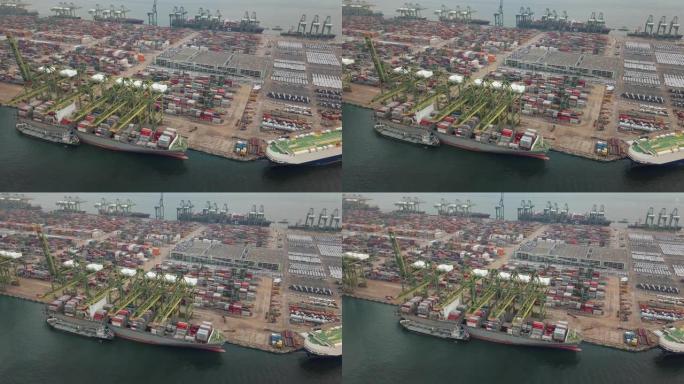 新加坡带集装箱船的工业港口鸟瞰图