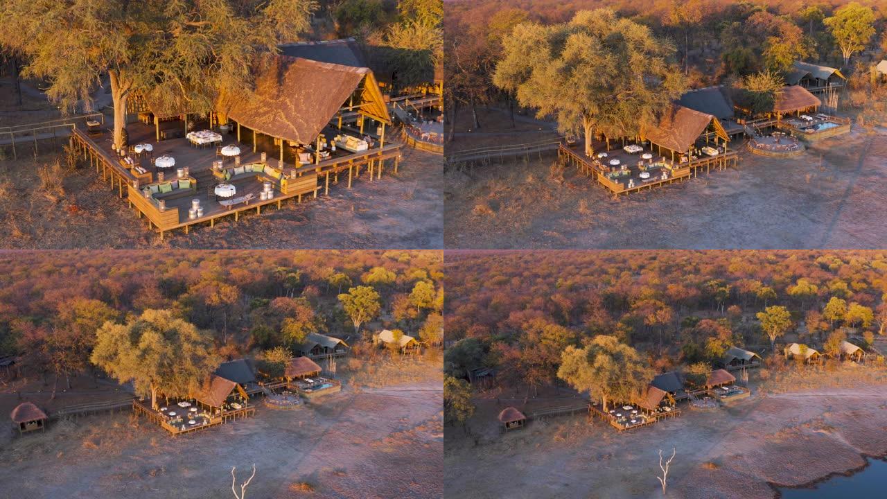 博茨瓦纳奥卡万戈三角洲的Sable Alley野生动物园营地的空中缩小视图