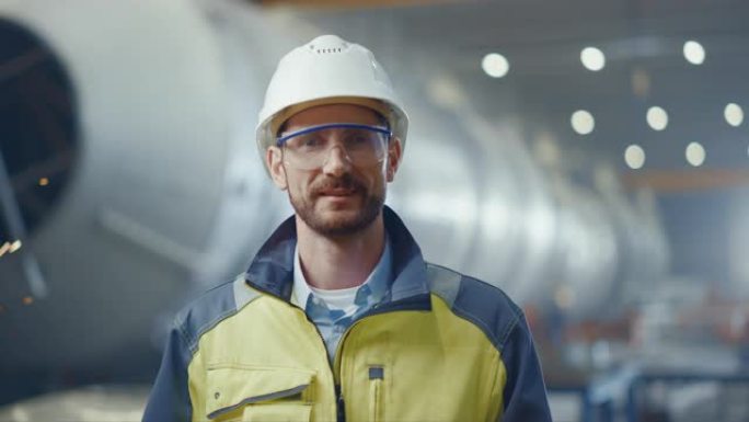 微笑的专业重工业工程师/工人穿着安全服，护目镜和安全帽的肖像。在背景中，焊接火花飞扬的大型工业工厂
