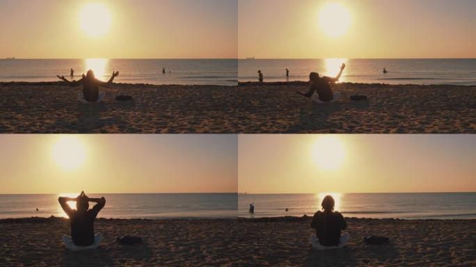 曼女士在美国佛罗里达州迈阿密海滩日落海滩练习瑜伽