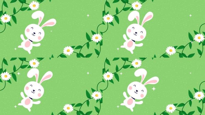 快乐复活节动画卡片，带兔子和鲜花装饰