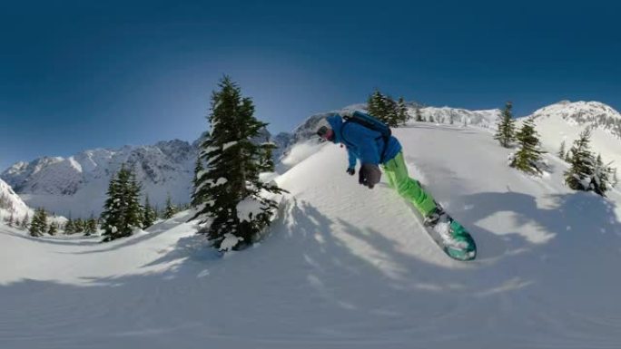 VR360: 极端滑雪者将覆盖落基山脉的香槟粉切碎。