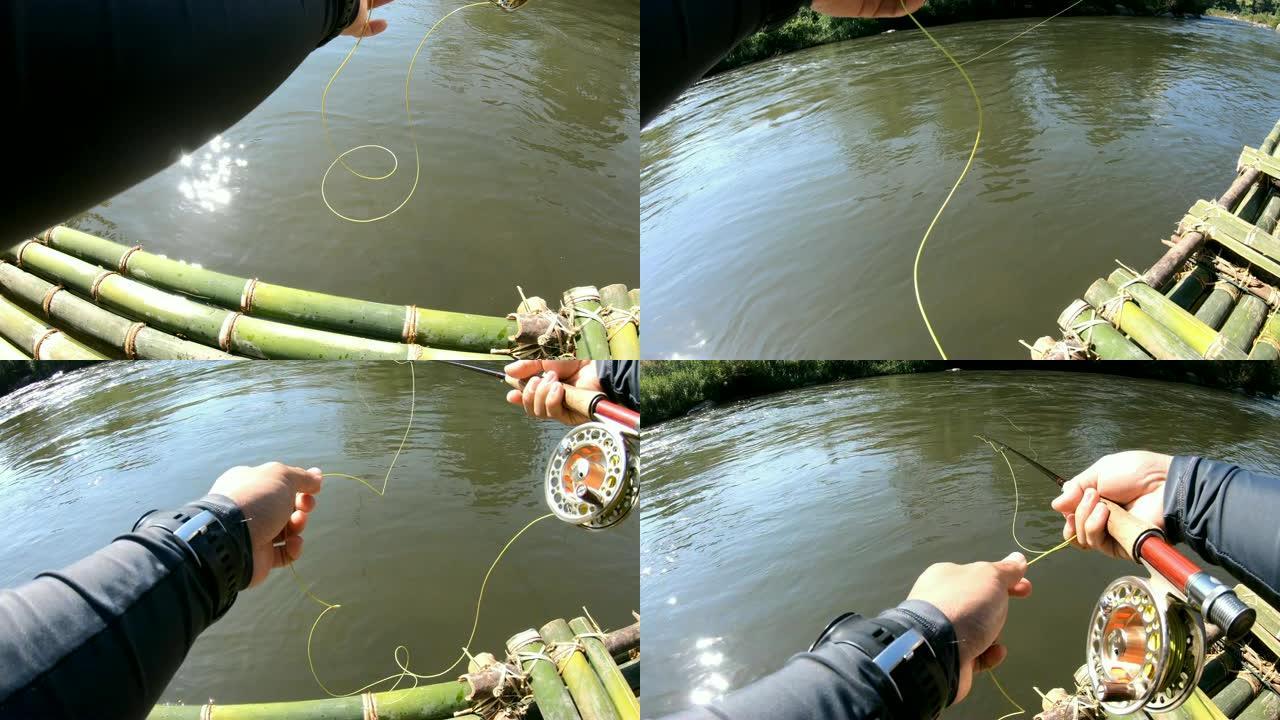 男子铸造-在竹筏上钓鱼。