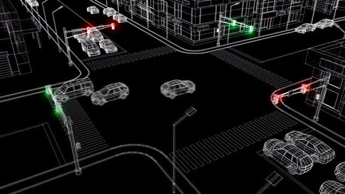美丽的现代城市十字路口的插图，红绿灯发光，驾驶汽车在道路蓝图网格风格。交通法规概念3d动画。