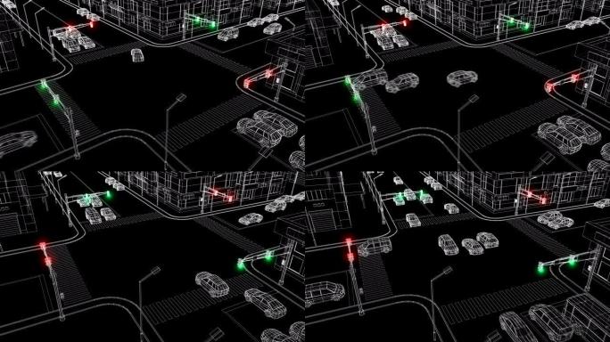 美丽的现代城市十字路口的插图，红绿灯发光，驾驶汽车在道路蓝图网格风格。交通法规概念3d动画。