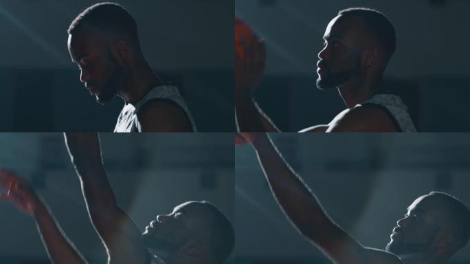 一名职业年轻非洲男子正在健身房练习篮球锻炼的电影慢动作特写镜头