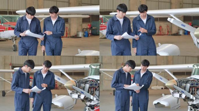 领导力亚洲青少年男孩发展工程师在机库飞机上教授工程维护。技术，科学，STEM，创新，领导力，赋权，专