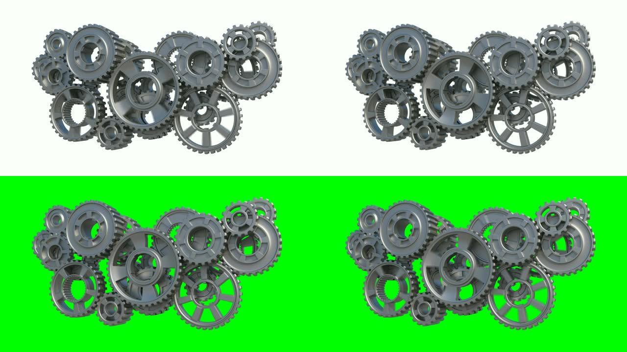 金属齿轮在抽象机构中旋转，加速和减速速度无缝。循环3d动画绿屏。团队合作商业和技术理念。