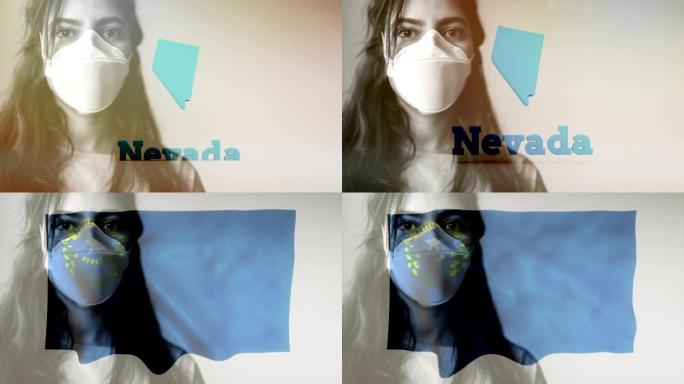 冠状病毒2019-nCov新型冠状病毒概念运动背景，耐心佩戴防护口罩，美国地图和旗帜覆盖。