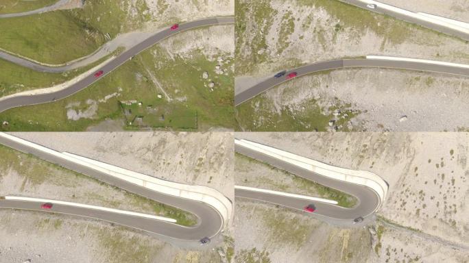 无人机: 红色跑车在意大利的路边行驶和停车。