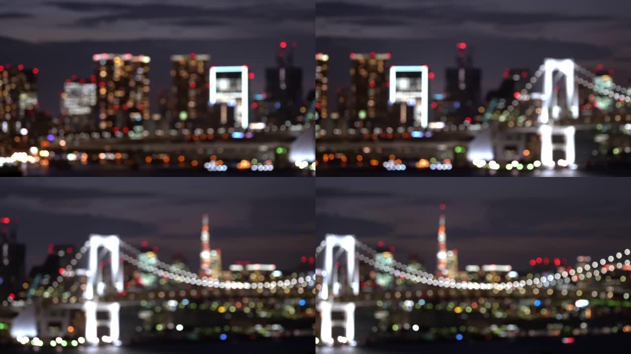 平移拍摄抽象模糊背景鸟瞰图东京彩虹桥与日本东京铁塔日落