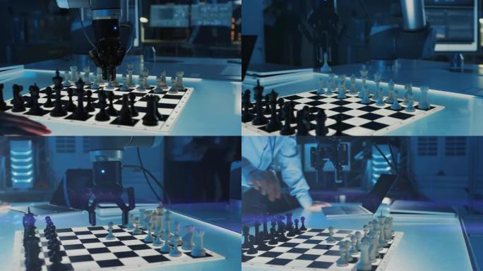 在与人类的国际象棋比赛中，人工智能操作未来派机械臂的特写镜头。机器人移动棋子。他们在一个高科技的现代