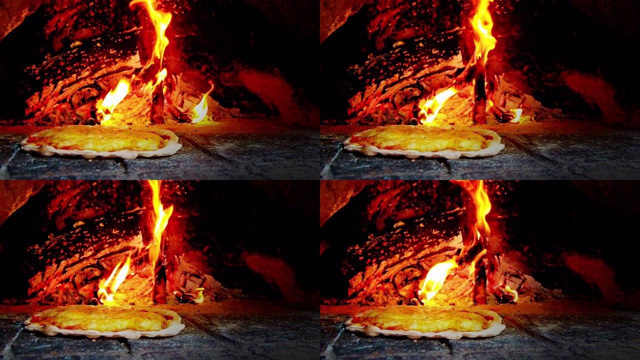 SLO MO传统意大利披萨变成木制燃烧