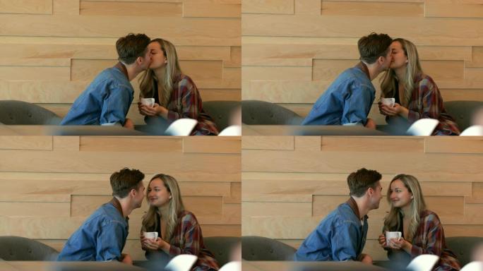浪漫情侣在4k咖啡馆互相亲吻