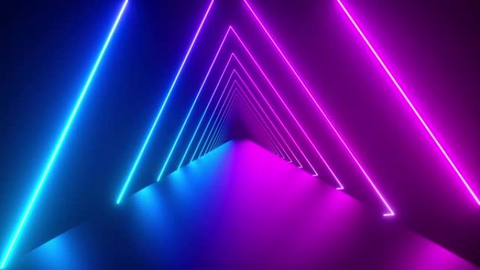 发光旋转霓虹灯三角形创造隧道，蓝紫色粉色紫色光谱，荧光紫外线，现代七彩照明，4k循环动画