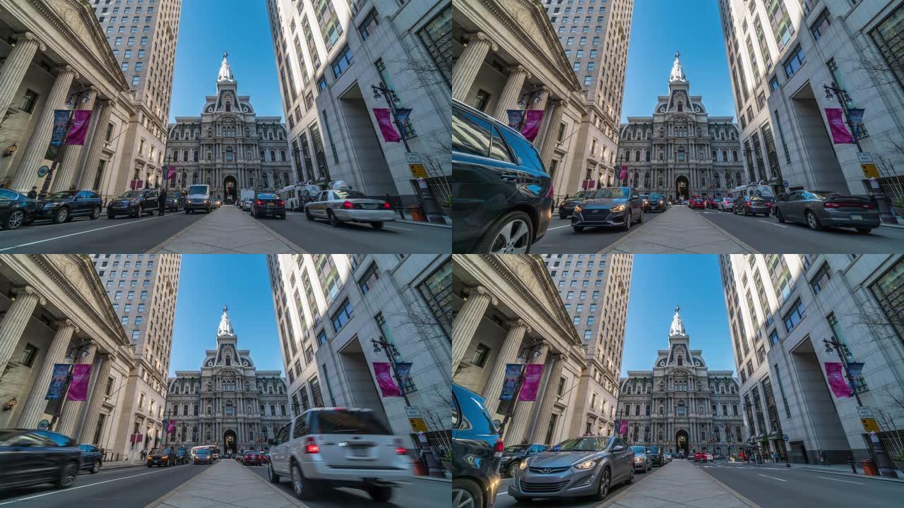 费城具有里程碑意义的历史悠久的市政厅在建筑物和带有蓝天的汽车交通信号灯之间的4k时间流逝，宾夕法尼亚