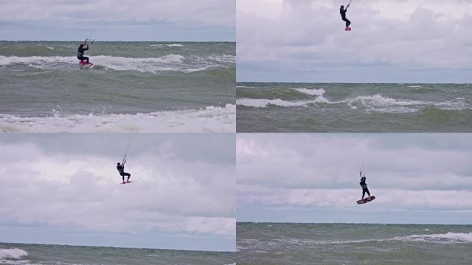 慢动作风筝冲浪者表演惊人的跳跃