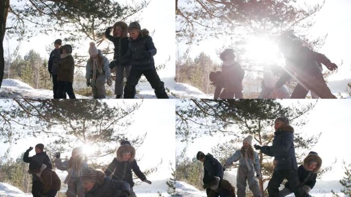 五个可爱的孩子在玩雪