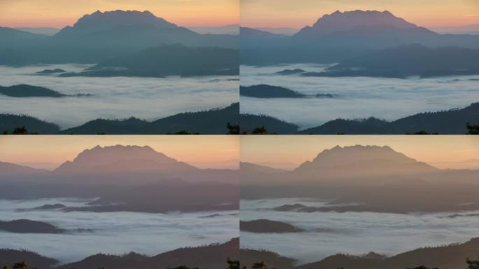 4k分辨率泰国北部清迈省淮南当国家公园雾蒙蒙的早晨随着云层的流逝