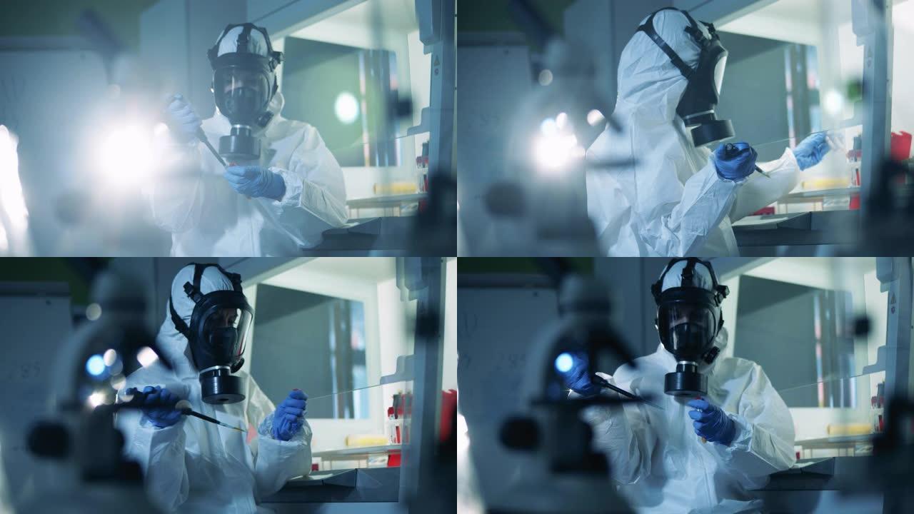危险品的人在实验室和冠状病毒一起工作。
