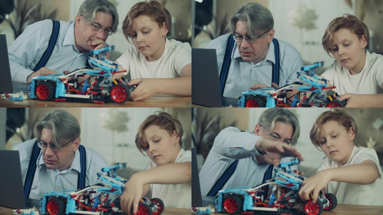 一个老人和他的孙子正在完成一台玩具机器