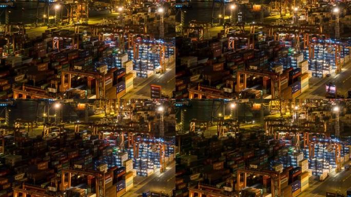 延时: 夜间在香港青衣港海运集装箱港口装卸至货船货运
