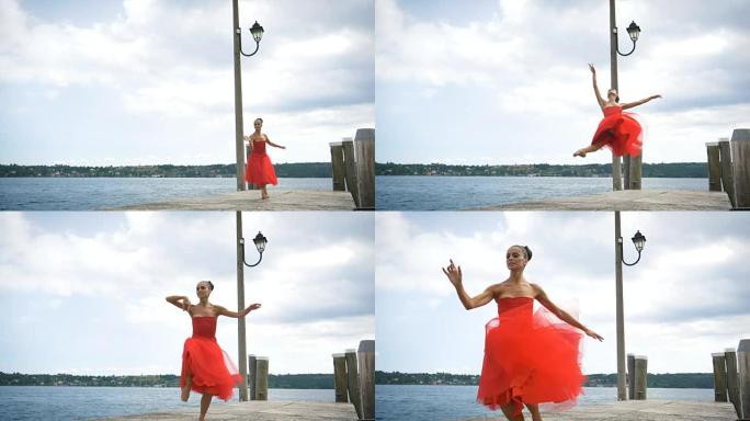 一位美丽的轻型芭蕾舞演员的肖像，穿着郁郁葱葱的红色连衣裙，而她正在跳舞。