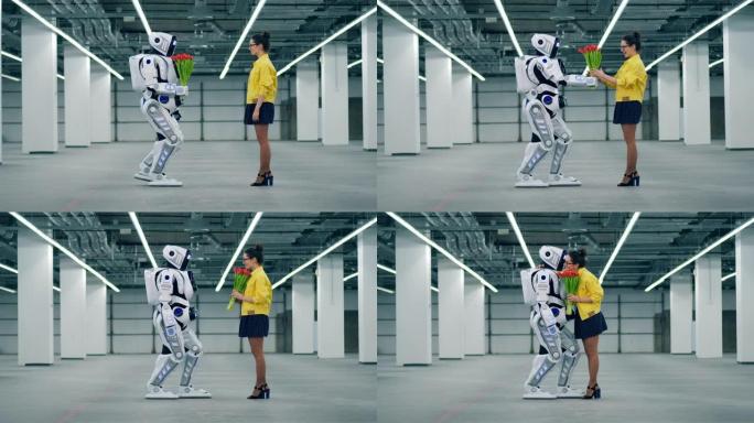 一个机器人给一个女人一束红色郁金香，她拥抱它。