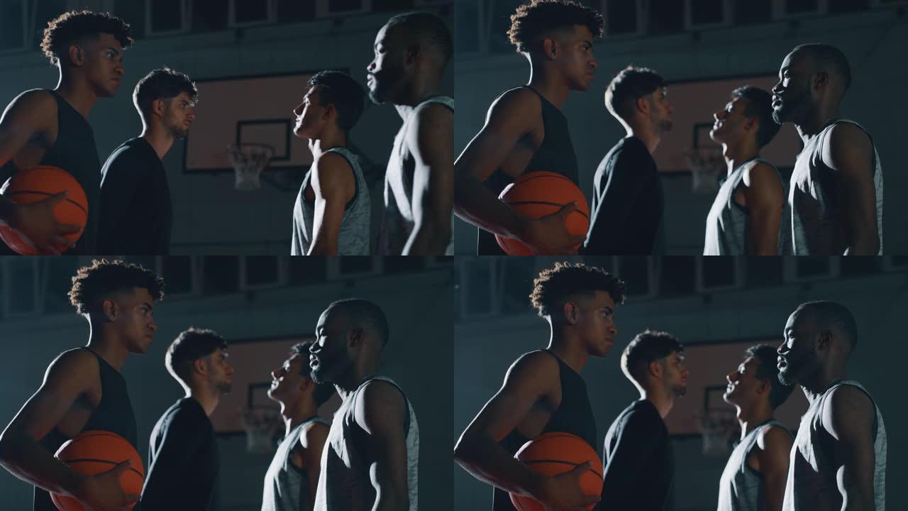 年轻职业男球员的电影慢动作特写镜头在开始在健身房练习篮球锻炼之前相互展示