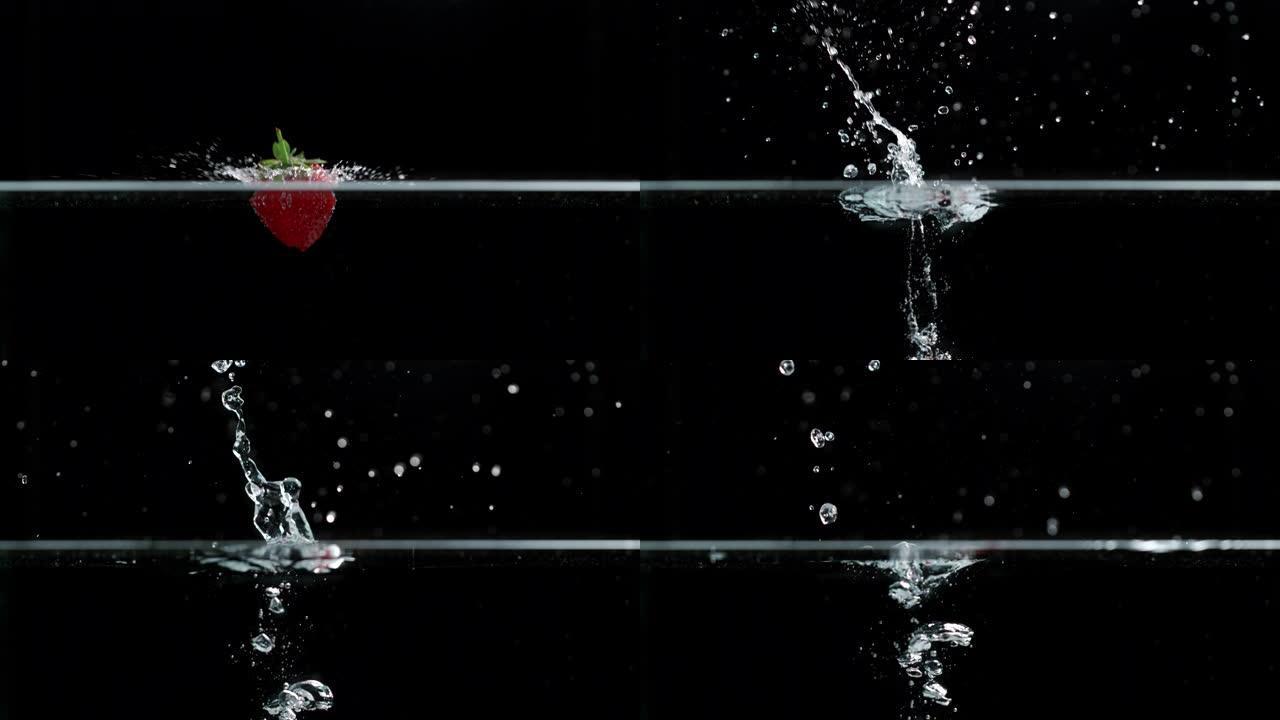 草莓溅入水中的慢动作镜头