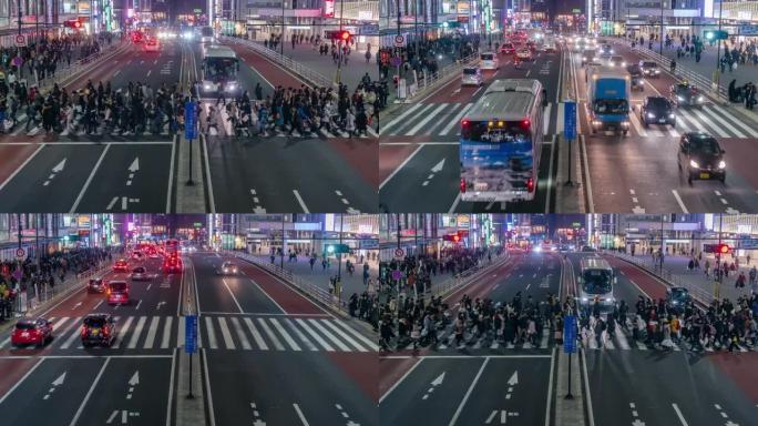 在日本新宿东京市，夜间，人群不确定的人在街上与汽车交通交叉路口行走的4k时间流逝。日本文化与购物霓虹